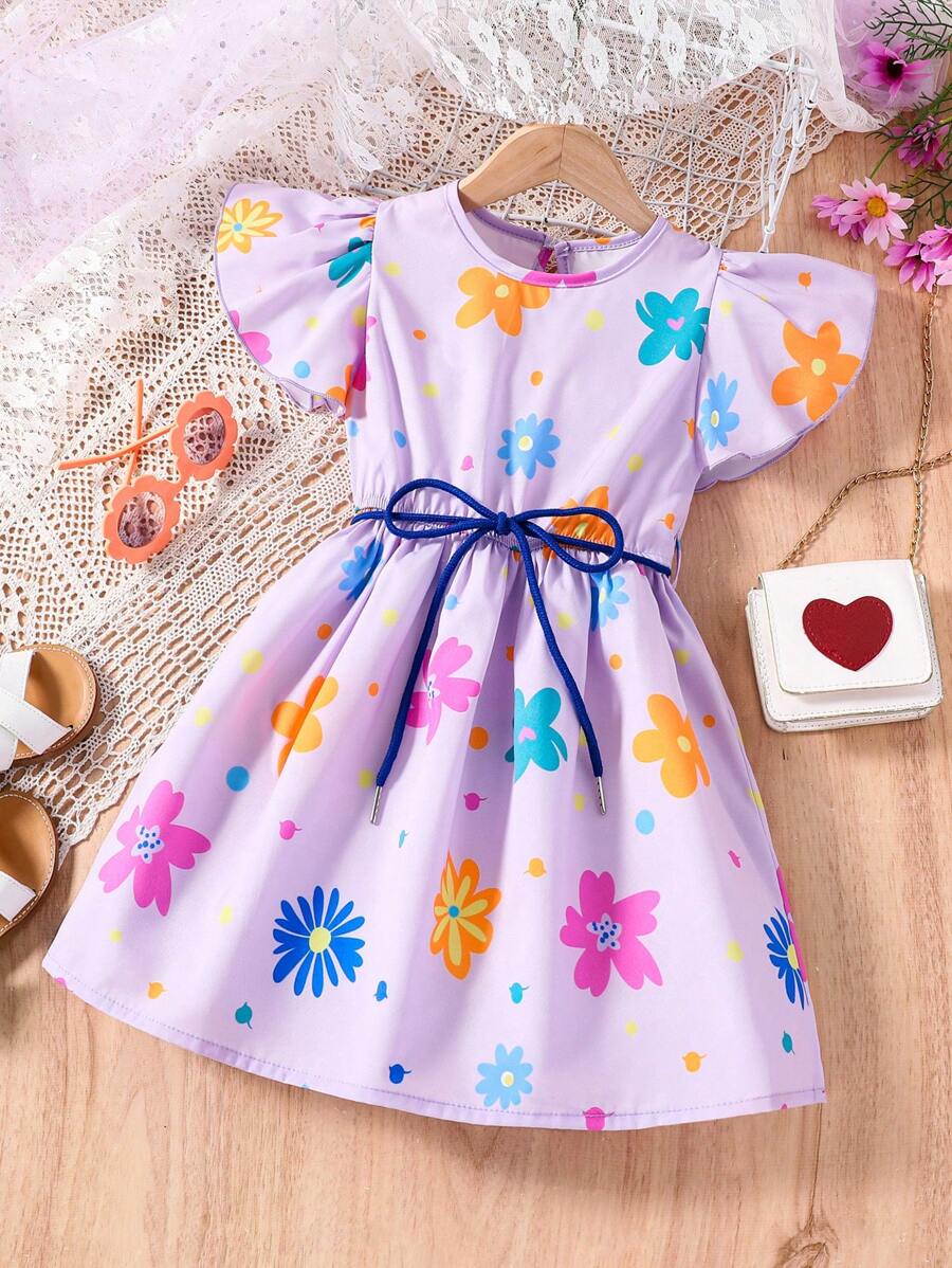 SHEIN Cô Gái Trẻ In hoa áo tay bướm Đầm - Màu tím - Xem 1