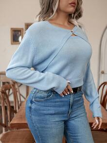 Calvaya Talla grande de hombros caídos súper crop Jersey & tubo Top de punto - Azul - Ver 3