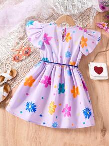 SHEIN Cô Gái Trẻ In hoa áo tay bướm Đầm - Màu tím - Xem 2