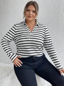 SHEIN Franclia Plus Striped Print Polo Neck Tee