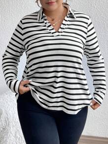 SHEIN Franclia Plus Striped Print Polo Neck Tee