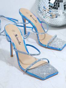 Square Toe Lace Up High Heeled Sandals For Wedding Party - Blue - View 2