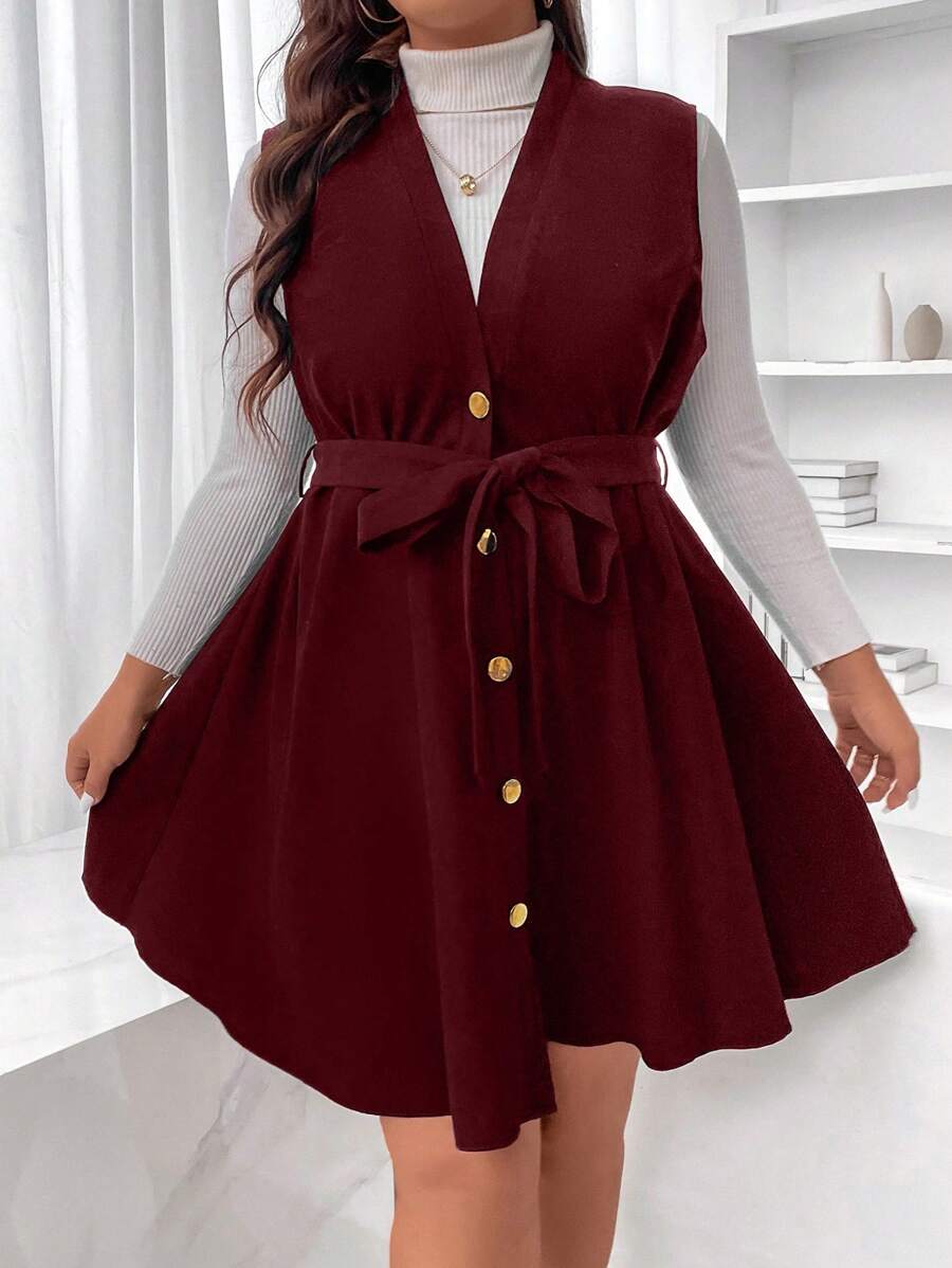 Flirla Dress Ukuran Plus Berikat Tombol Depan Plain Casual - Burgundy - View 1