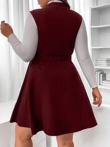 Flirla Dress Ukuran Plus Berikat Tombol Depan Plain Casual - Burgundy - View 2