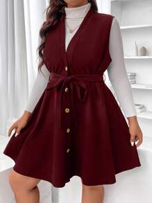 Flirla Dress Ukuran Plus Berikat Tombol Depan Plain Casual - Burgundy - View 3