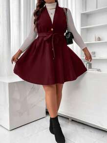 Flirla Dress Ukuran Plus Berikat Tombol Depan Plain Casual - Burgundy - View 4
