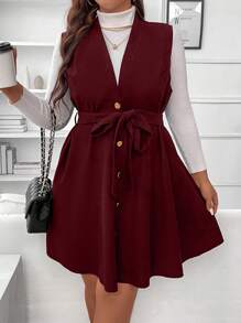 Flirla Dress Ukuran Plus Berikat Tombol Depan Plain Casual - Burgundy - View 5