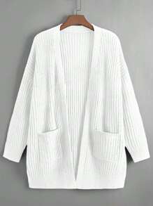 SHEIN LUNE Cardigan de talla grande con bolsillos duales y hombros caídos, para el invierno - Blanco - Ver 1