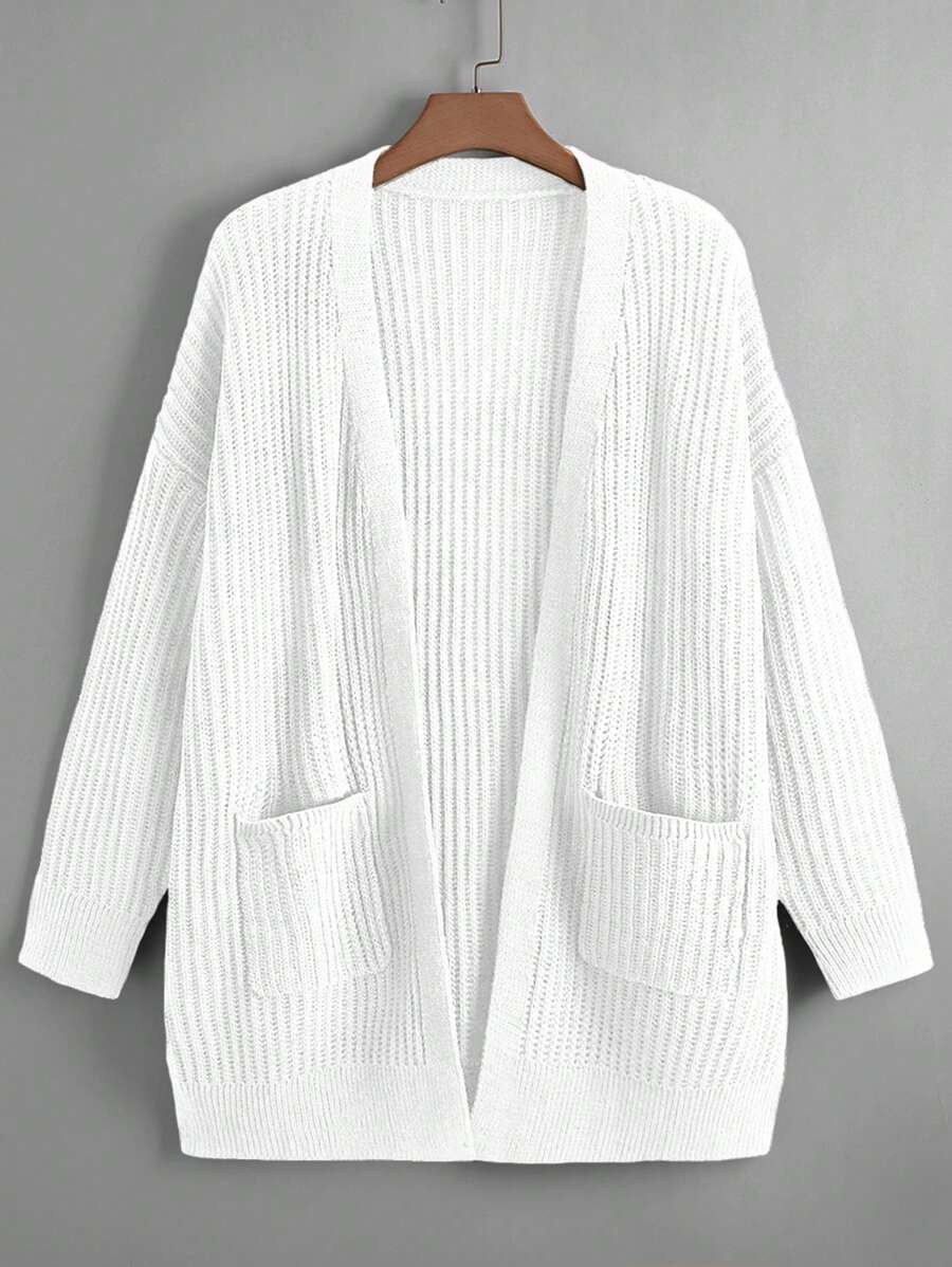 SHEIN LUNE Cardigan de talla grande con bolsillos duales y hombros caídos, para el invierno - Blanco - Ver 1