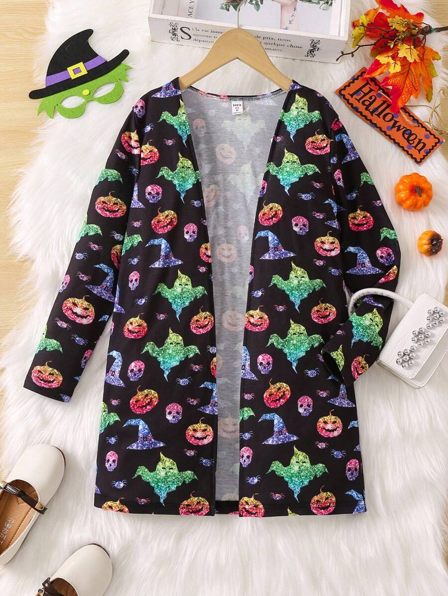SHEIN 女大童萬聖印花開門襟風衣外套 - 黑色 - 查看 1