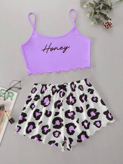 Letter Graphic Lettuce Trim Cami Top & Leopard Print Shorts PJ Set / Pajama Set