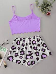 Letter Graphic Lettuce Trim Cami Top & Leopard Print Shorts PJ Set / Pajama Set - Purple - View 2