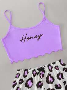 Letter Graphic Lettuce Trim Cami Top & Leopard Print Shorts PJ Set / Pajama Set - Purple - View 3