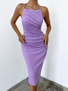 EURMUSE Solid Zipper Back Ruched Cami Dress - Lilac Purple - View 4