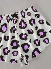 Letter Graphic Lettuce Trim Cami Top & Leopard Print Shorts PJ Set / Pajama Set - Purple - View 4