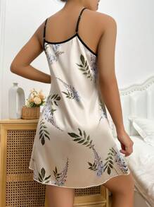 印花撞色滾邊緞面吊帶睡裙 - 米色 - 查看 2