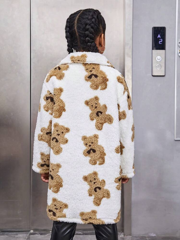 Tween Girl Bear Pattern Lapel Neck Coat With Bag