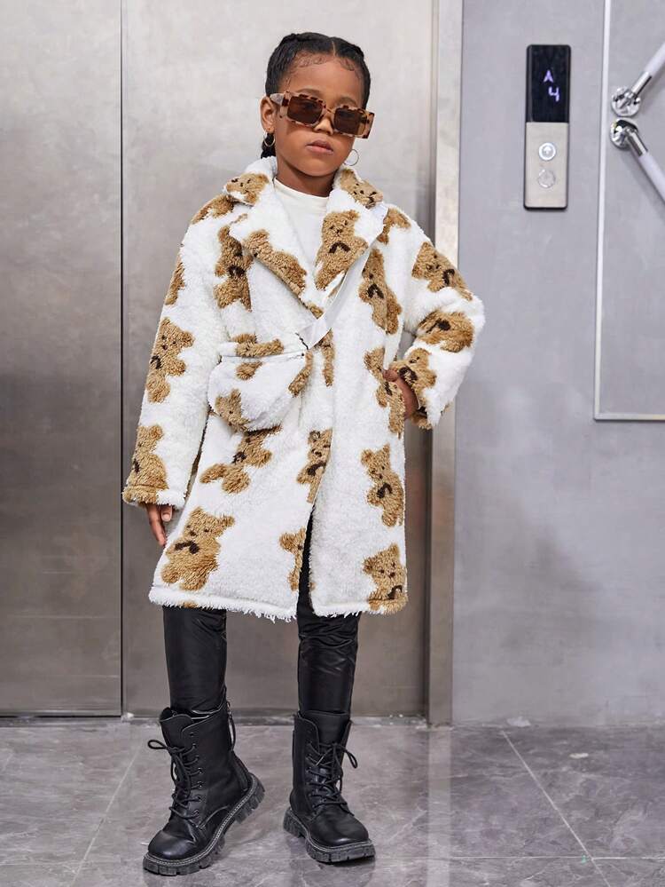 Tween Girl Bear Pattern Lapel Neck Coat With Bag