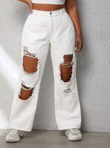 SHEIN EZwear 大碼破洞闊腿牛仔褲 - 白色 - 查看 1
