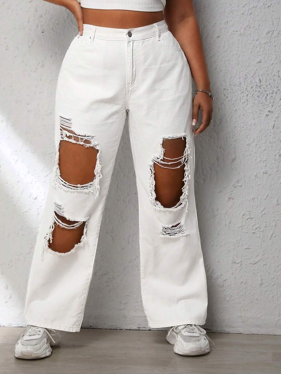 SHEIN EZwear 大碼破洞闊腿牛仔褲 - 白色 - 查看 1
