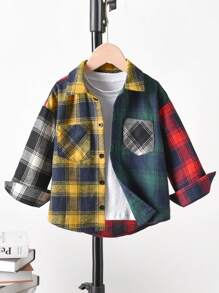 SHEIN Young Boy Plaid Print Colorblock Pocket Patched Shirt Without Tee for Christmas - Multicolor - View 1