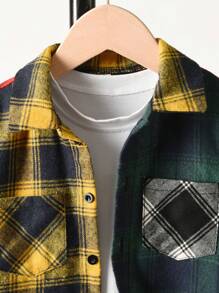 SHEIN Young Boy Plaid Print Colorblock Pocket Patched Shirt Without Tee for Christmas - Multicolor - View 3