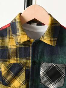 SHEIN Young Boy Plaid Print Colorblock Pocket Patched Shirt Without Tee for Christmas - Multicolor - View 4