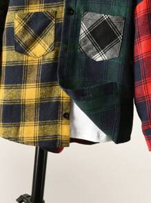 SHEIN Young Boy Plaid Print Colorblock Pocket Patched Shirt Without Tee for Christmas - Multicolor - View 7