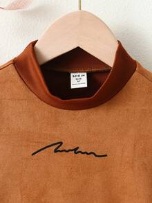 SHEIN Young Boy Simple Velvet Stand Collar Sports Sweatshirt For Autumn - Brown - View 4