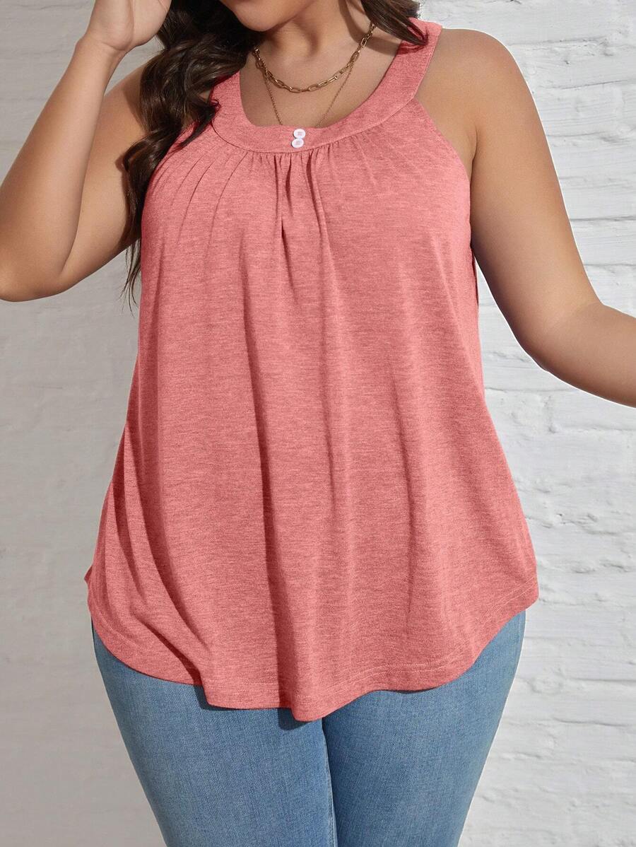 SHEIN LUNE Plus Solid Tank Top - Watermelon Pink - View 1