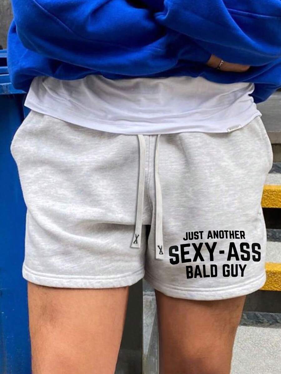 Manfinity Fever City 男士標語圖案腰部抽繩短褲 - 淺灰色 - 查看 1