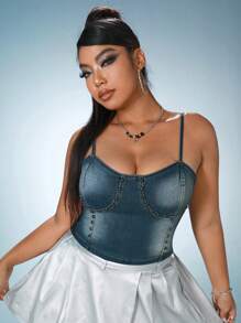 SHEIN ICON Plus Studded Beaded Denim Top - Dark Wash - View 1