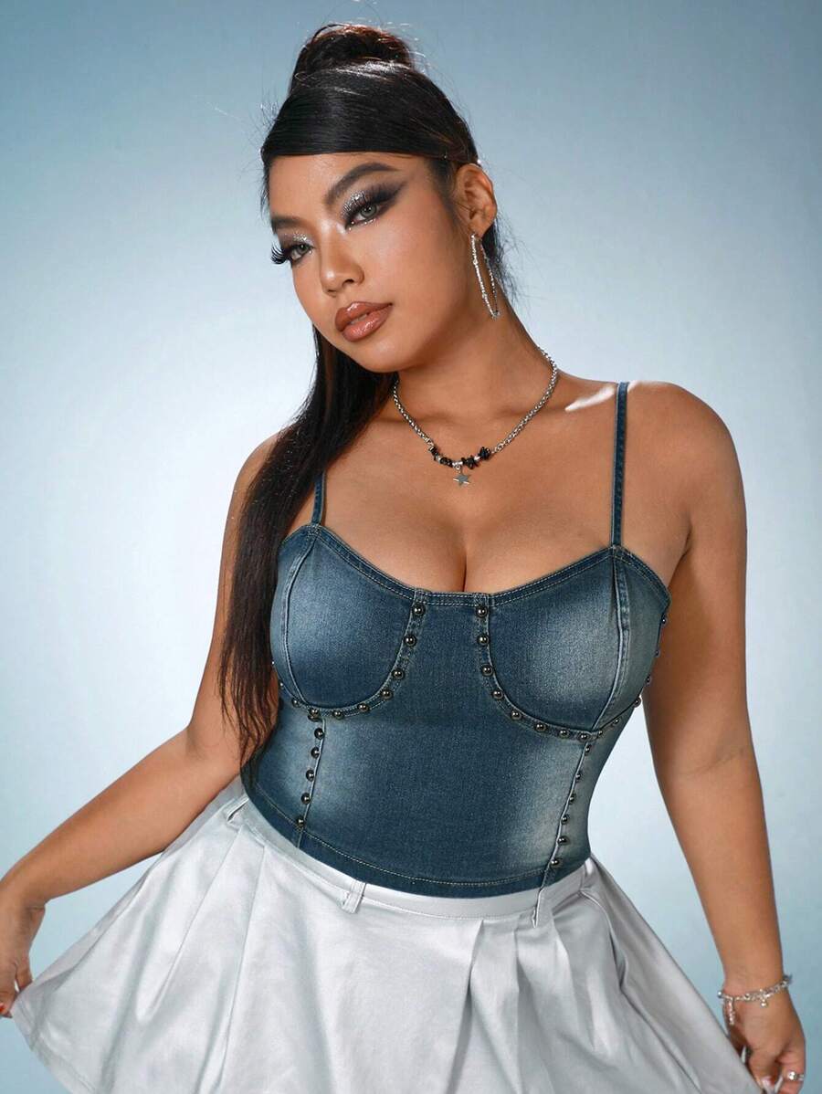 SHEIN ICON Plus Studded Beaded Denim Top - Dark Wash - View 1