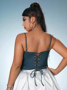 SHEIN ICON Plus Studded Beaded Denim Top - Dark Wash - View 2