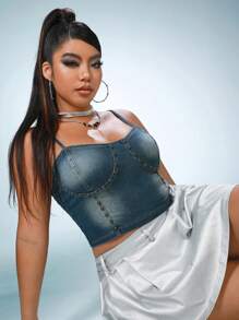 SHEIN ICON Plus Studded Beaded Denim Top - Dark Wash - View 7