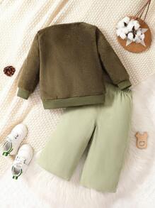 SHEIN 男嬰時尚工裝袋毛絨直筒兩件套套裝 - 軍綠色 - 查看 2