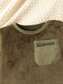 SHEIN 男嬰時尚工裝袋毛絨直筒兩件套套裝 - 軍綠色 - 查看 4