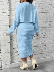 Celure Plus Solid Split Thigh Dress & Open Front Jacket - Baby Blue - View 2
