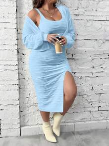 Celure Plus Solid Split Thigh Dress & Open Front Jacket - Baby Blue - View 4