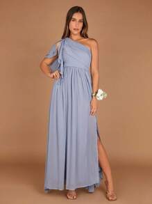 SHEIN Belle One Shoulder Ruffle Trim Split Thigh Chiffon Dress