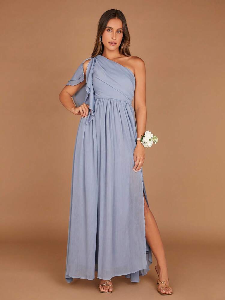 One Shoulder Ruffle Trim Split Thigh Chiffon Dress