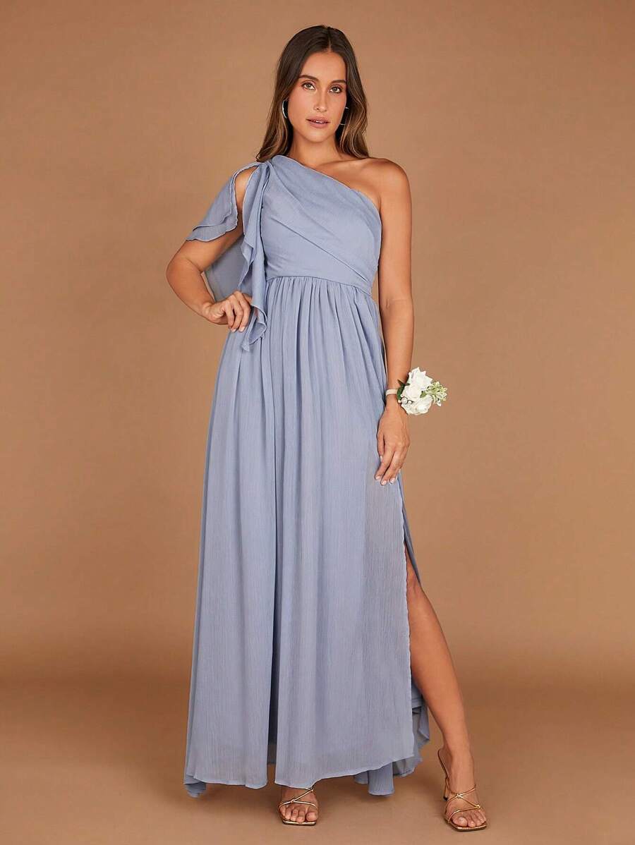 SHEIN Belle One Shoulder Ruffle Trim Split Thigh Chiffon Dress