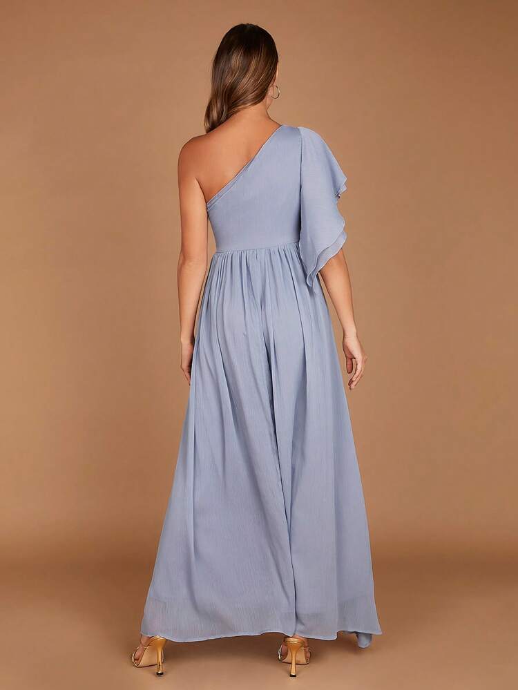 One Shoulder Ruffle Trim Split Thigh Chiffon Dress