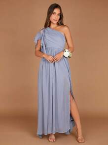 SHEIN Belle One Shoulder Ruffle Trim Split Thigh Chiffon Dress