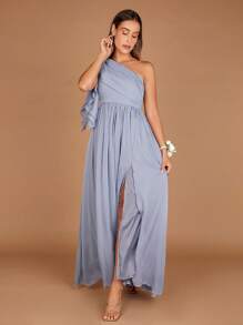 SHEIN Belle One Shoulder Ruffle Trim Split Thigh Chiffon Dress