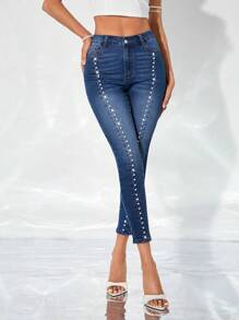 SHEIN Privé Pearls Beaded Skinny Jeans - Medium Wash - View 1