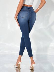 SHEIN Privé Pearls Beaded Skinny Jeans - Medium Wash - View 2