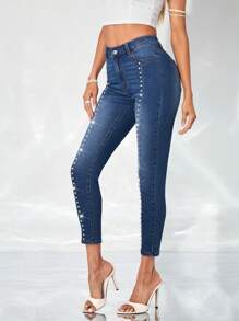 SHEIN Privé Pearls Beaded Skinny Jeans - Medium Wash - View 3