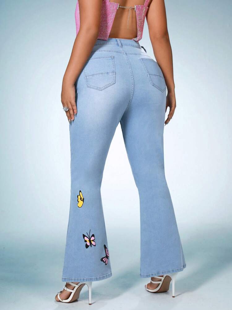 Plus Butterfly Print Ripped Flare Leg Jeans