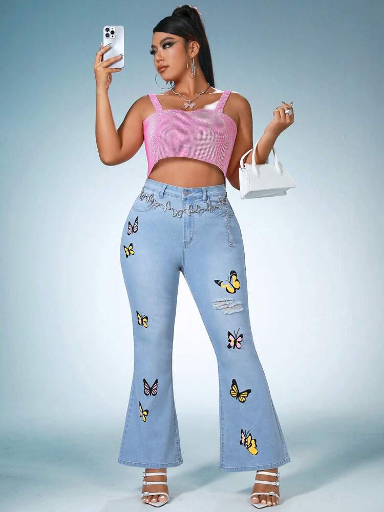 Plus Butterfly Print Ripped Flare Leg Jeans